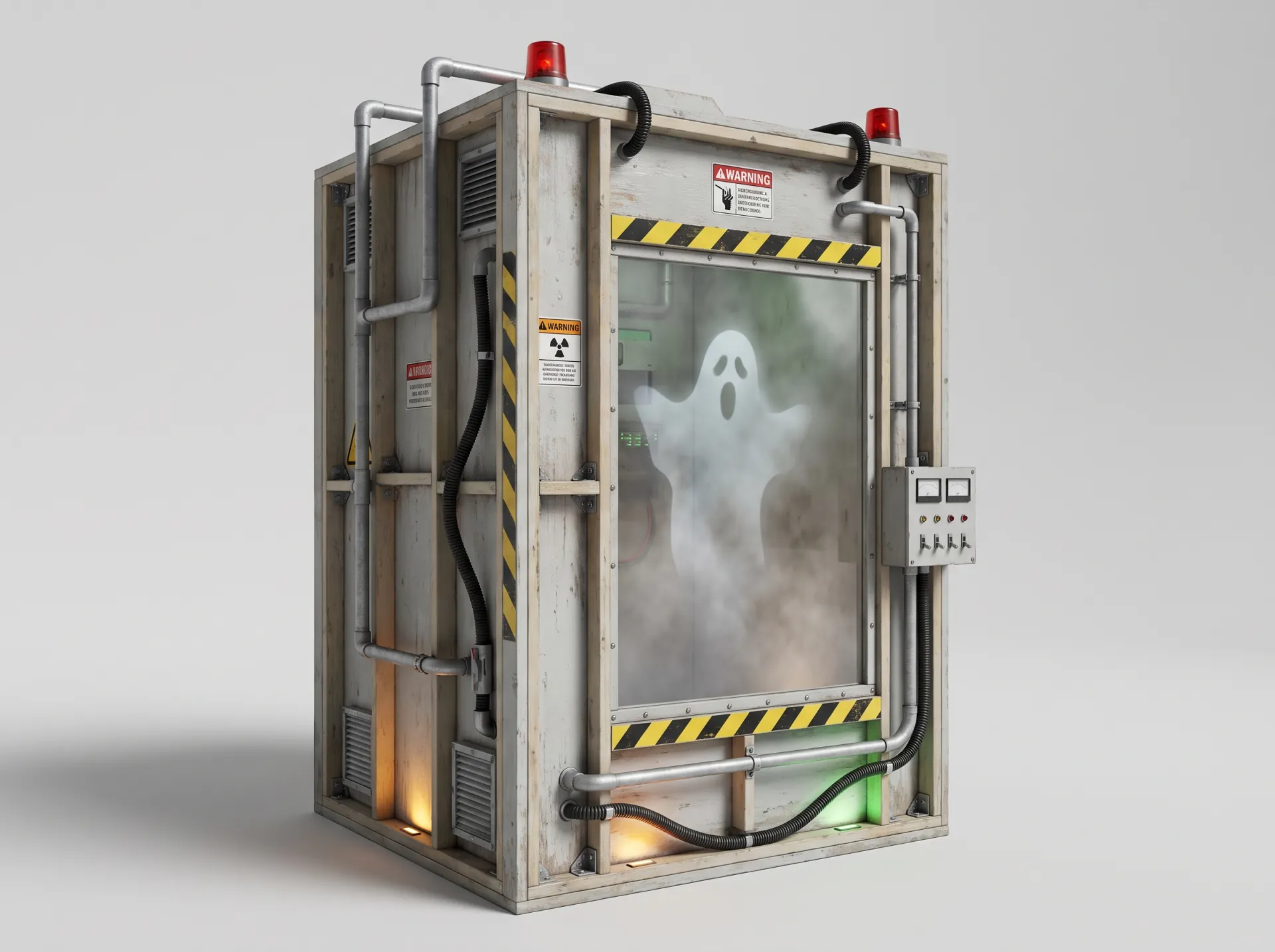 Initial isolated concept of a large DIY ghost containment chamber built from wood framing, panels, clear plastic, pipes, warning lights, and practical electronics.