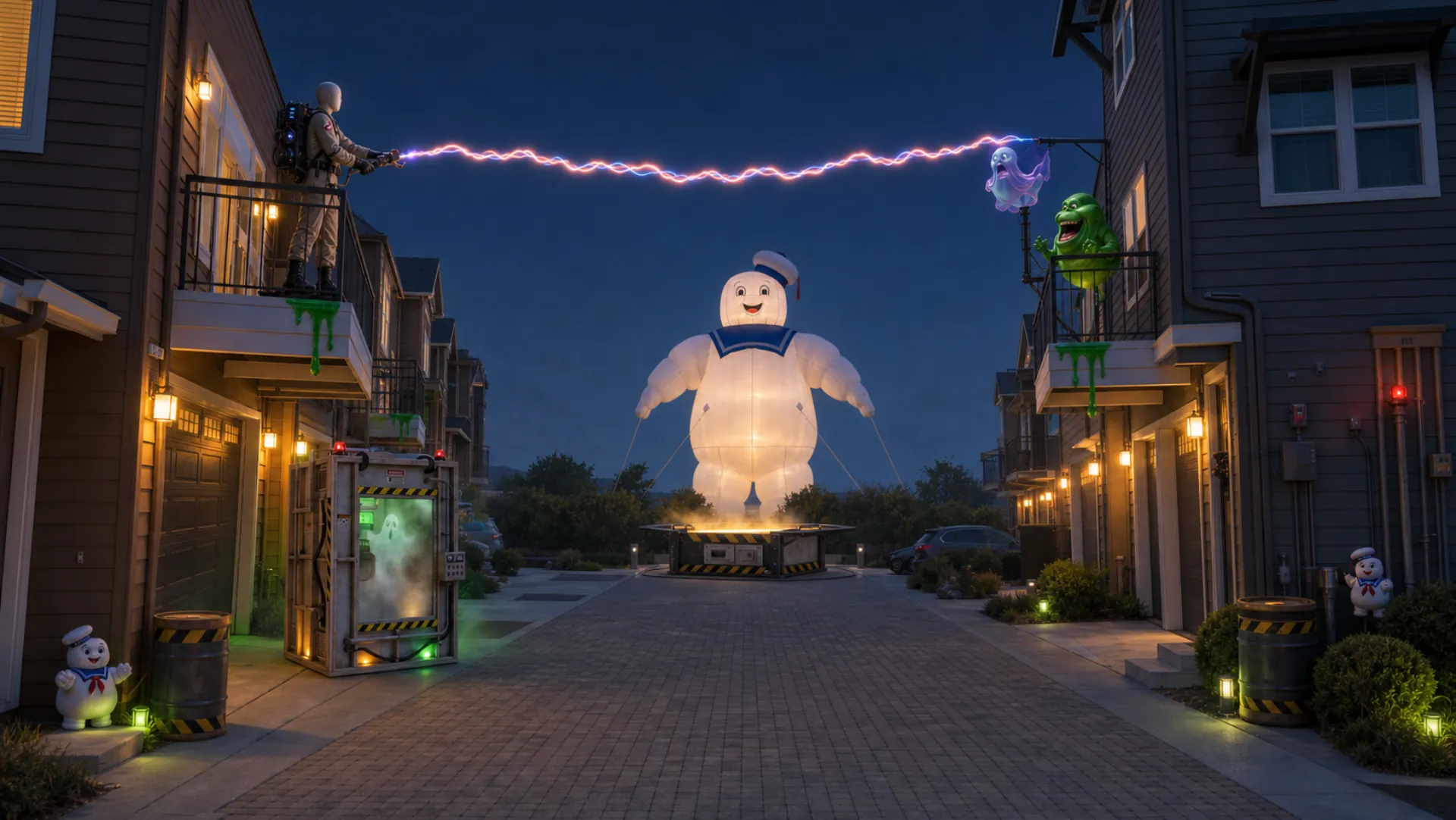 Wide illustrative dusk view of Amethyst Court showing a containment unit at Unit 7, a giant ghost trap on the rear pad, Slimer at Unit 6, Stay Puft centered behind the rear bushes, a balcony battle scene, and smaller decorations across the court.