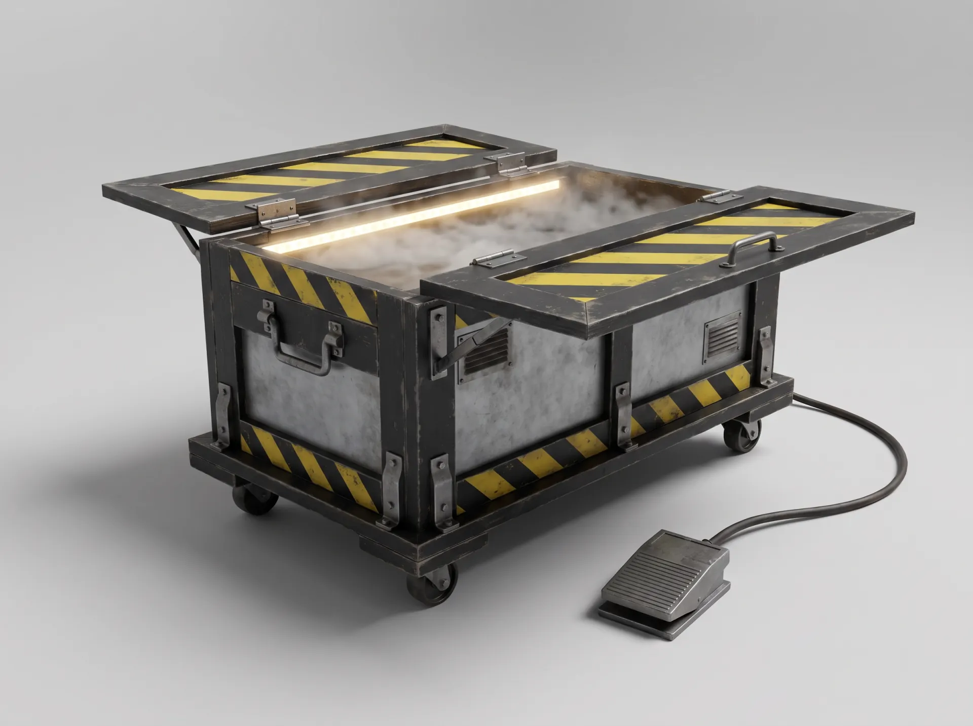 Initial isolated concept of an oversized DIY ghost trap with a plywood shell, hinged doors, lights, fog vents, and a connected control pedal.