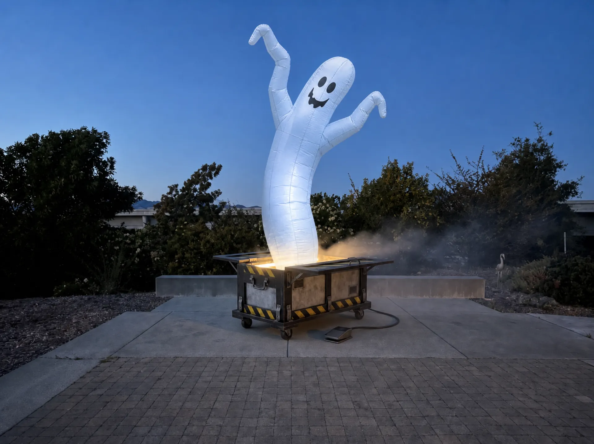 Giant ghost trap on the rear concrete pad with an air-powered fabric ghost bending and flailing as though it is being pulled into the illuminated open trap.