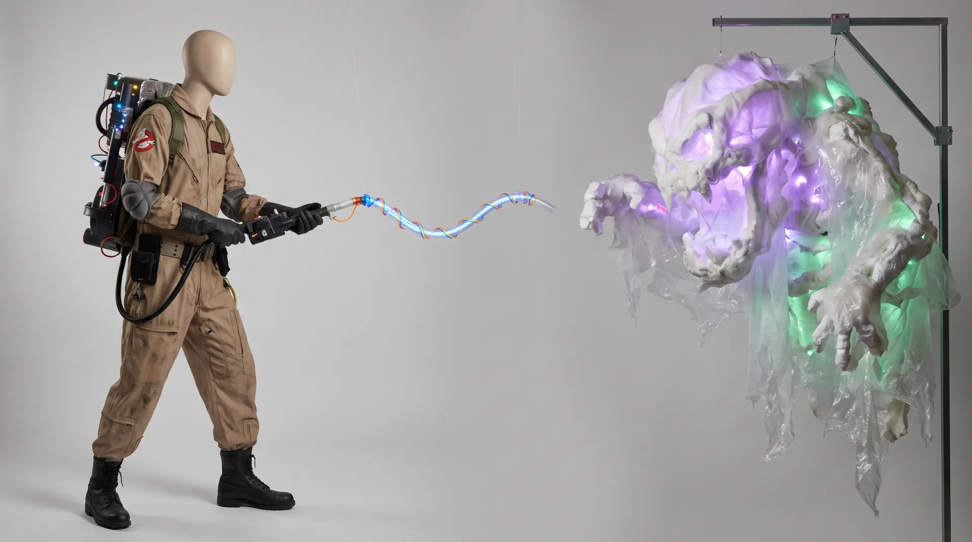 Isolated concept of a Ghostbuster mannequin, proton-pack-style prop, and practical illuminated stream assembly.