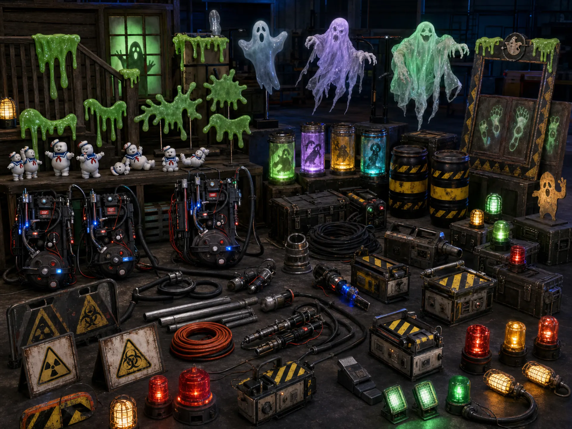 Maximum-potential concept board showing practical ectoplasm pieces, mini marshmallow figures, lit ghost displays, containment barrels, specimen canisters, equipment cases, field gear, beacons, cables, and warning panels.