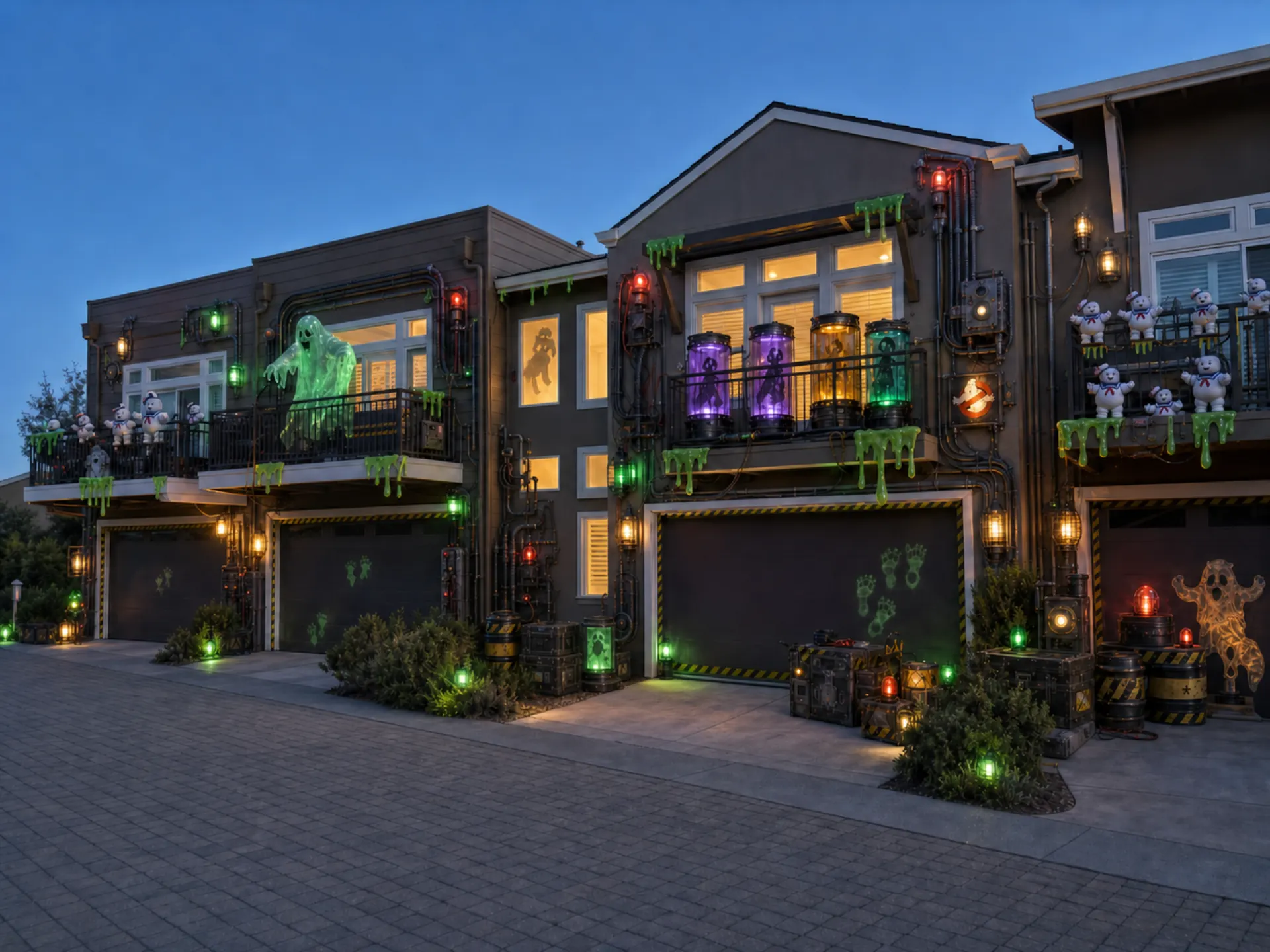 Fully decorated blue-hour concept for the left side of the court, with lit ghost displays, ectoplasm, specimen canisters, mini marshmallow figures, equipment cases, piping, beacons, and containment details across the homes.