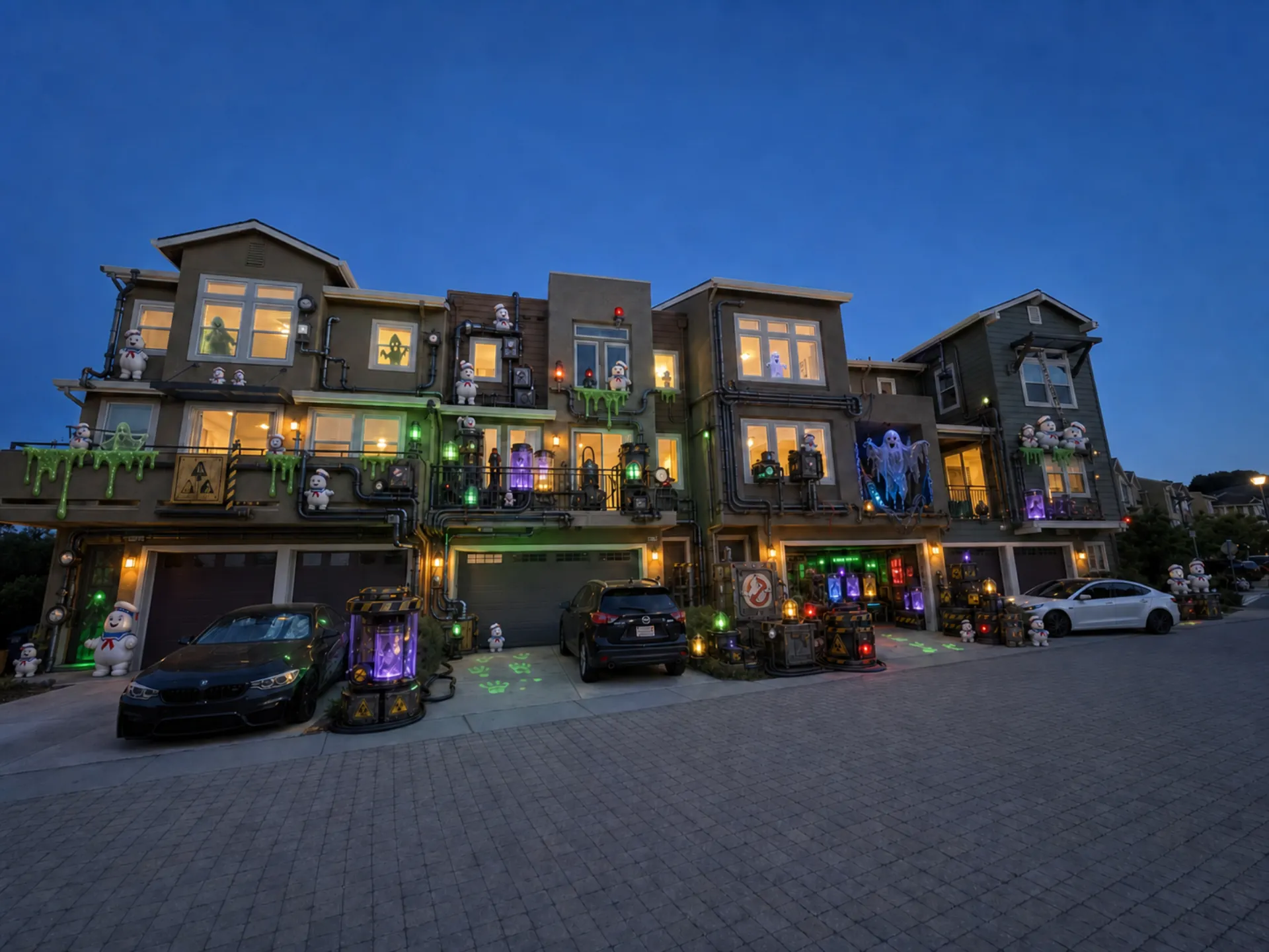Fully decorated blue-hour concept for the right side of the court, with varied ghost displays, ectoplasm, field equipment, mini marshmallow figures, specimen canisters, piping, lighting, and containment details across the homes.