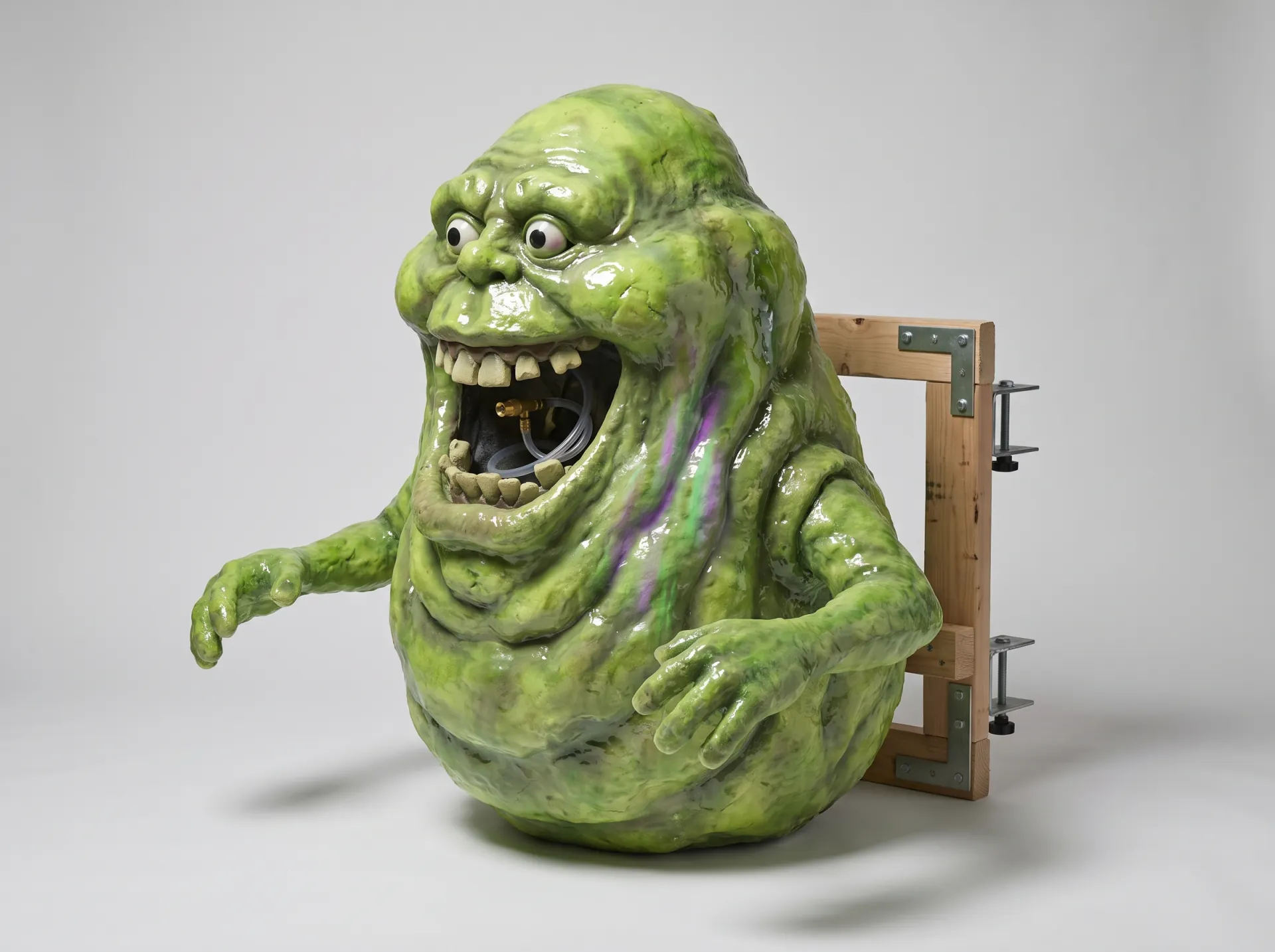 Initial isolated concept of a practical Slimer prop with fluorescent detailing and concealed tubing for a proposed water-based ectoplasm effect.