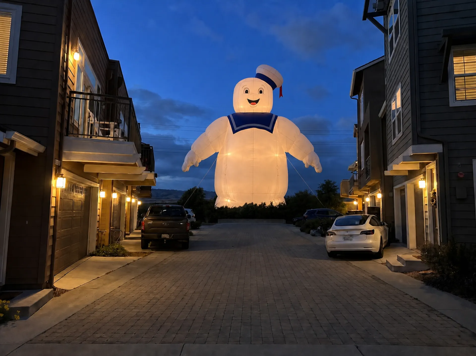Proposed 50-foot Stay Puft inflatable centered behind the rear concrete pad and bushes, facing the Amethyst Court entrance.